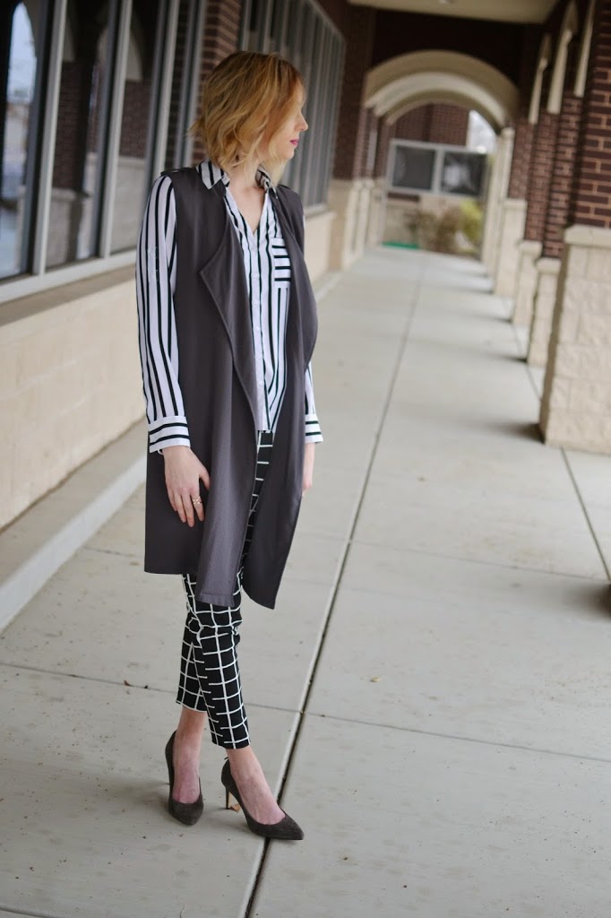 black and white, windowpane, print mixing, long vest, grey heels