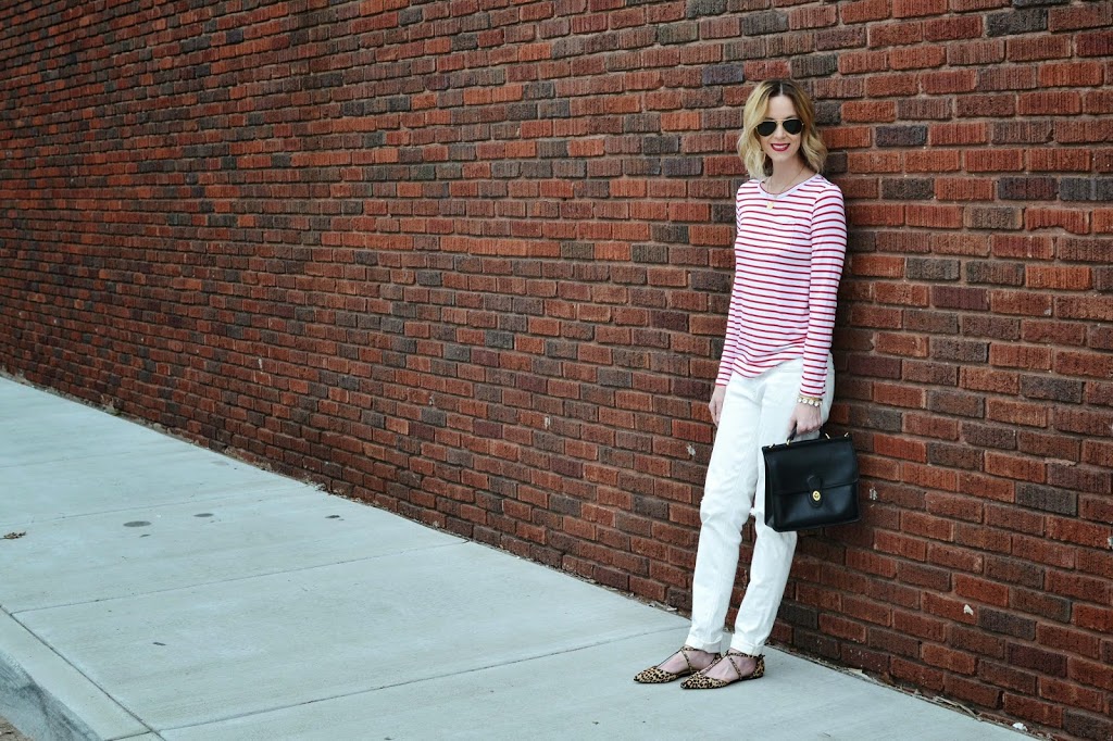 Sole Society, Leopard shoes, white jeans, red and white striped tee