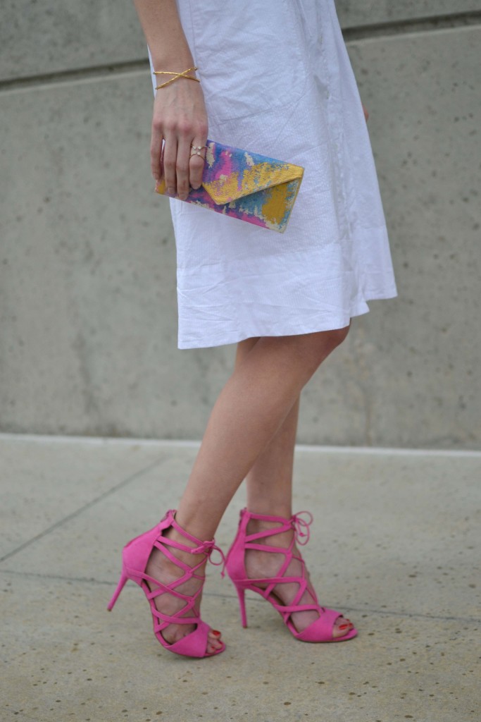 Lesouque clutch, white dress, pink heels, PP ring, Rocksbox bracelet 1