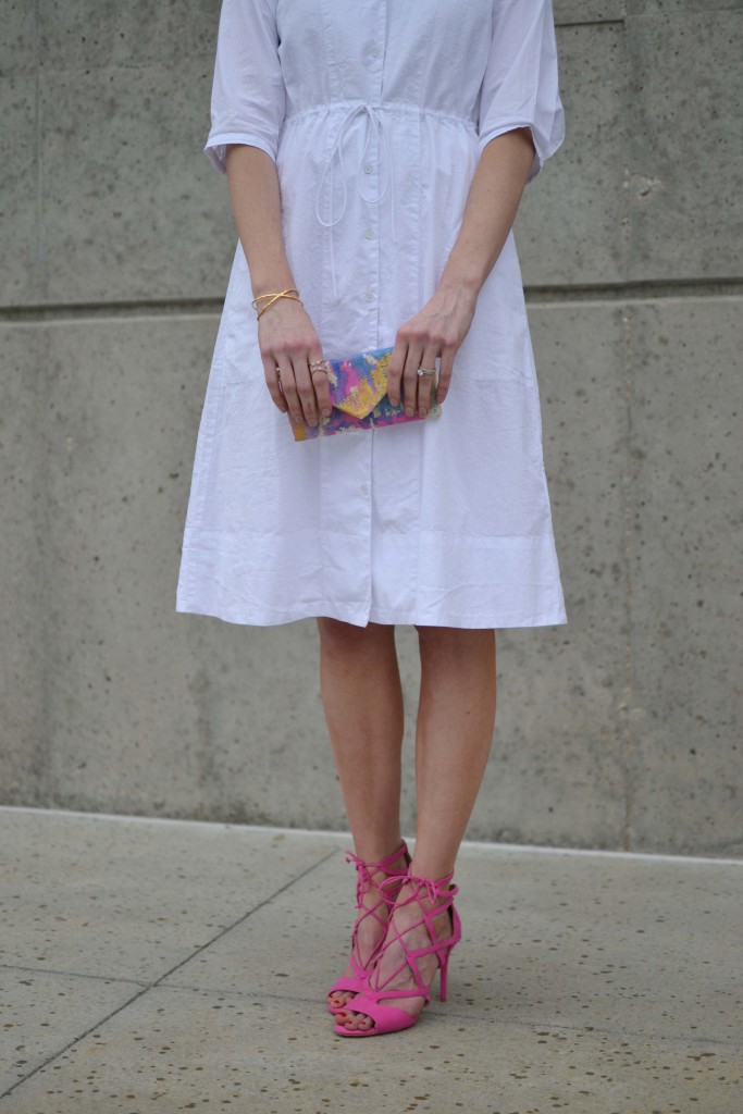 Lesouque clutch, white dress, pink heels, PP ring, Rocksbox bracelet 2