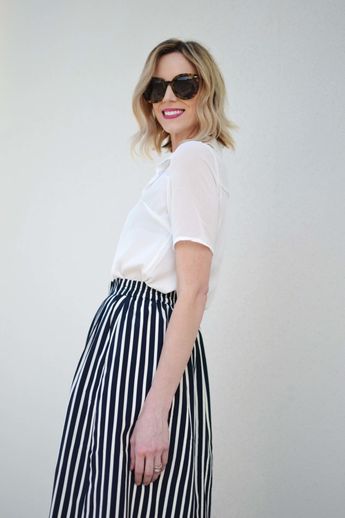 striped skirt, white blouse, karen walker sunglasses 1