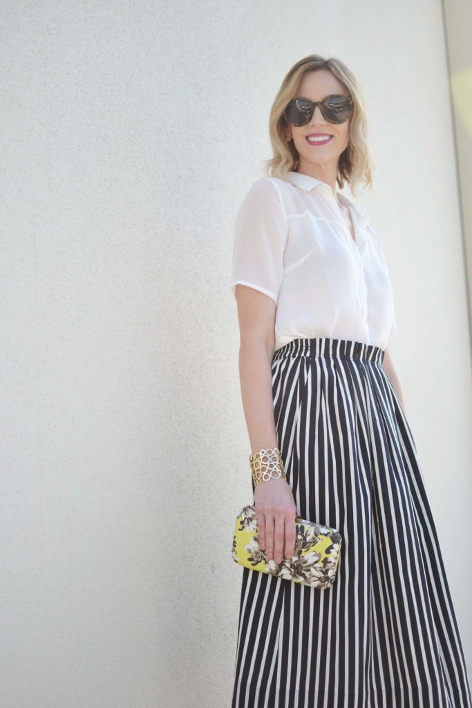 striped skirt, white blouse, karen walker sunglasses