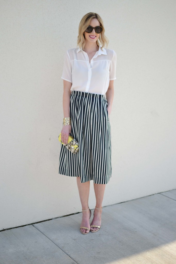 striped skirt, white blouse, karen walker sunglasses full length 1