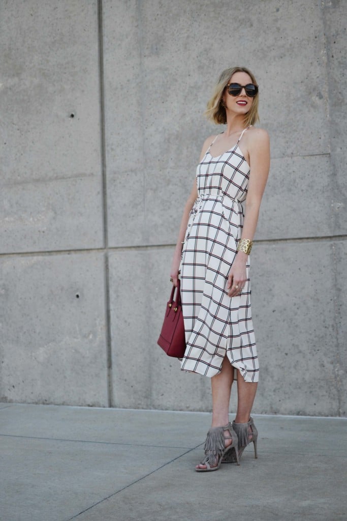 LuLu*s striped dress, Steve Madden finge heels, red coach bag, karen walker sunglasses