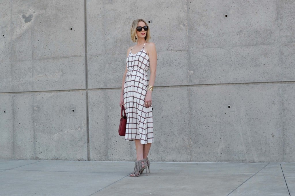 LuLu*s striped dress, Steve Madden fringe heels, red coach bag, karen walker sunglasses 1