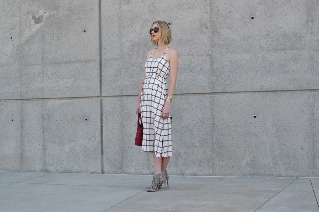 LuLu*s striped dress, Steve Madden fringe heels, red coach bag, karen walker sunglasses 2