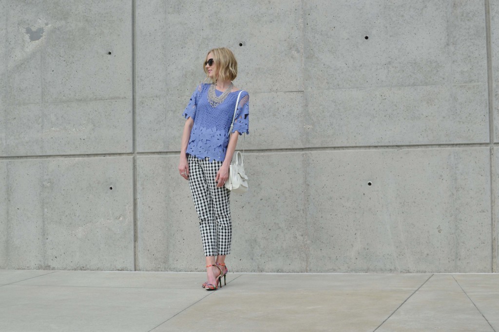 chicwish periwinkle lace top, gingham pants, floral heels