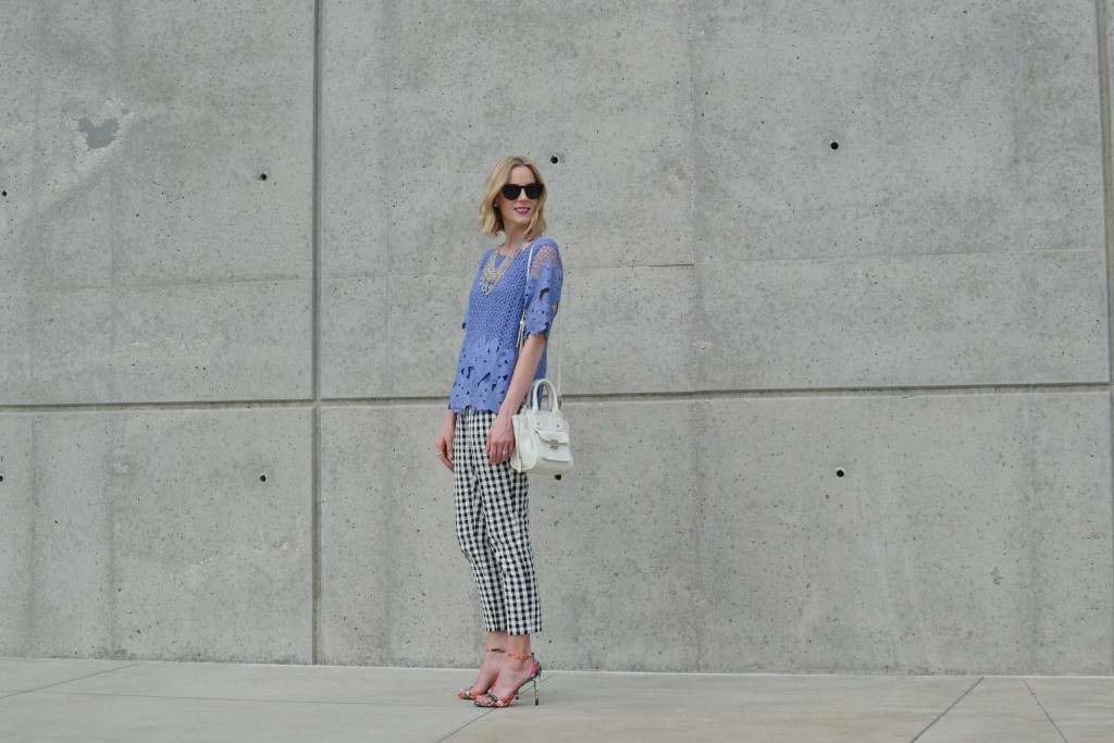 chicwish periwinkle lace top, gingham pants, floral heels, white purse