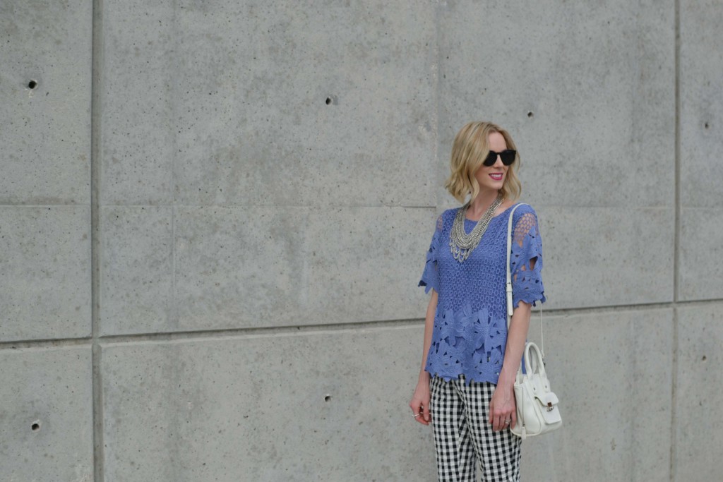 chicwish periwinkle lace top, silver bib necklace, gingham pants