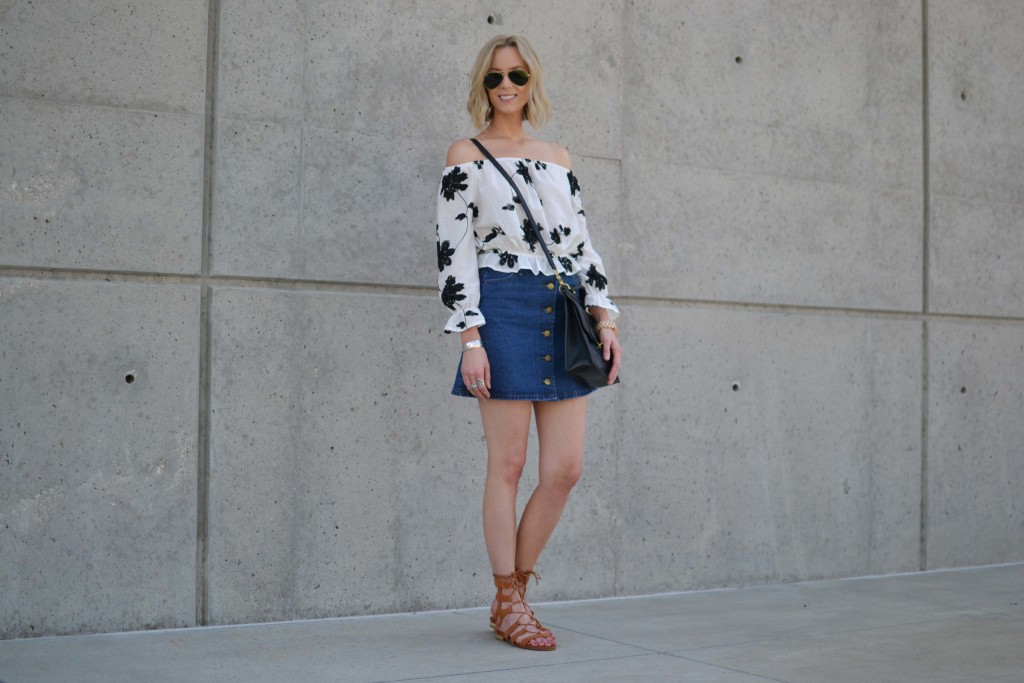 shein jean skirt, lookbook off the should top, choies gladiator sandals