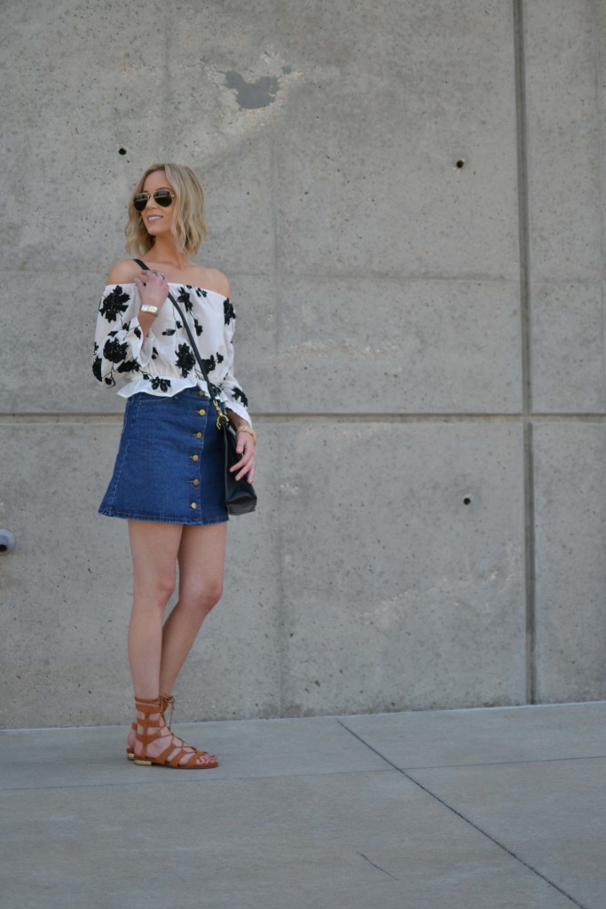 shein jean skirt, lookbook off the should top, choies gladiator sandals2