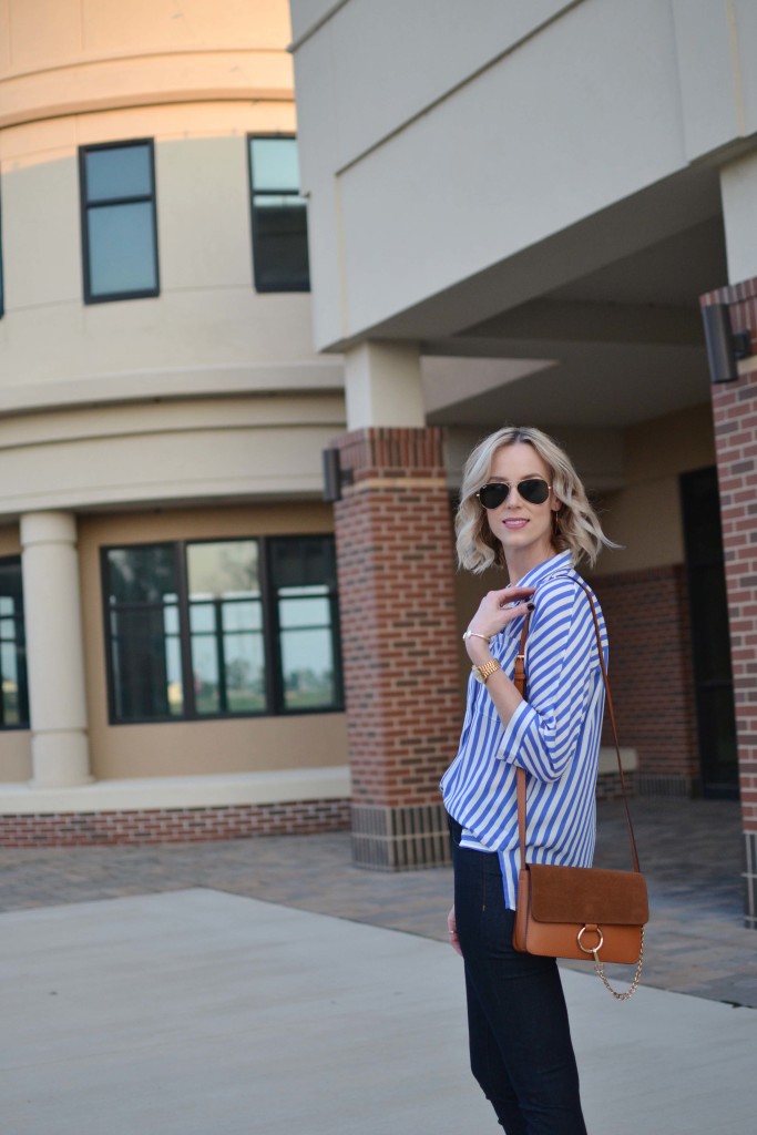 blue and white striped top, jeans, chloe dupe bag