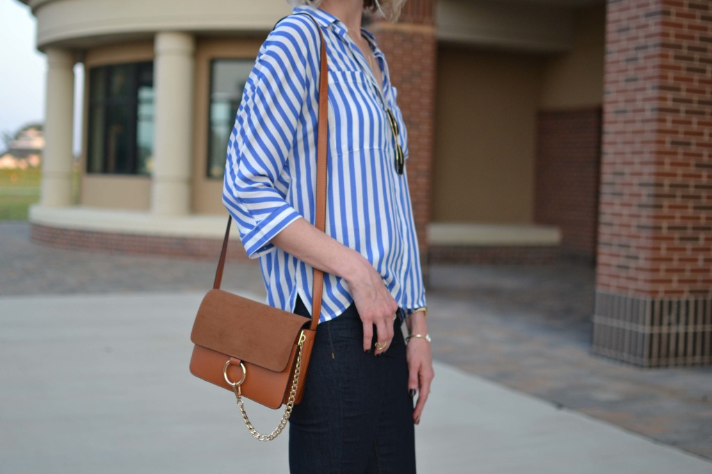 blue and white striped top, jeans, chloe dupe bag, aviators