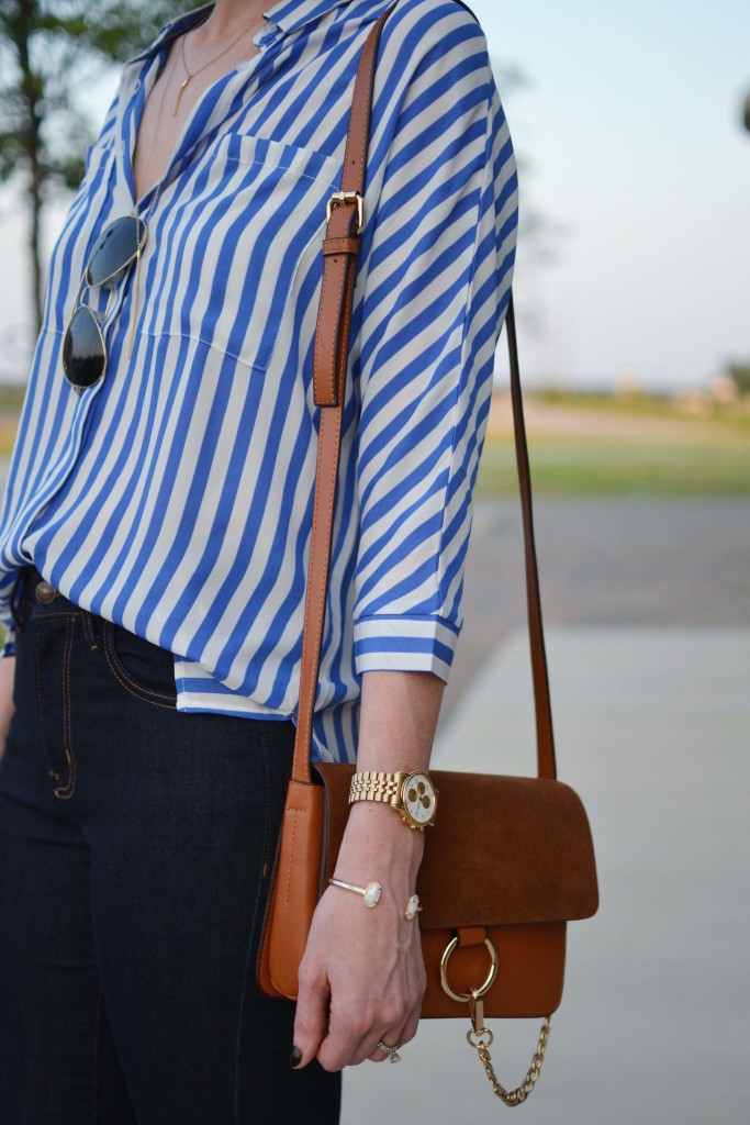 blue and white striped top, jeans, chloe dupe bag, ray-bans