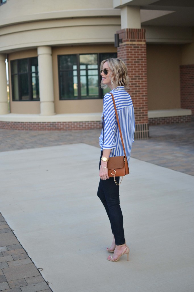 blue and white striped top, jeans, chloe dupe bag, tan heeled sandals