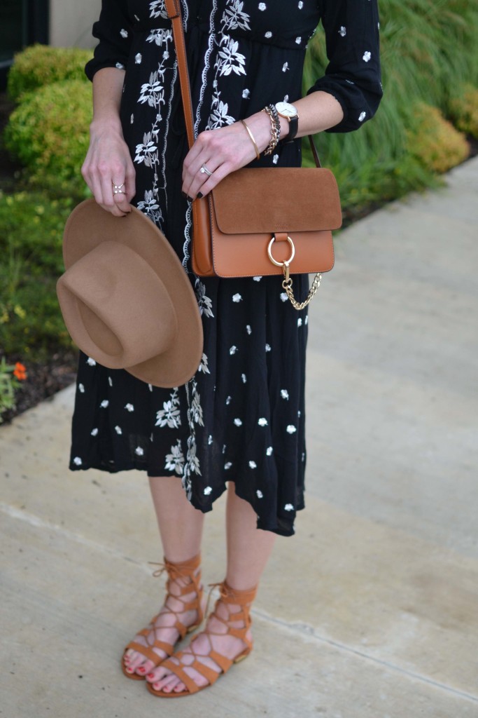 boho dress, sandals, hat, chloe bag details