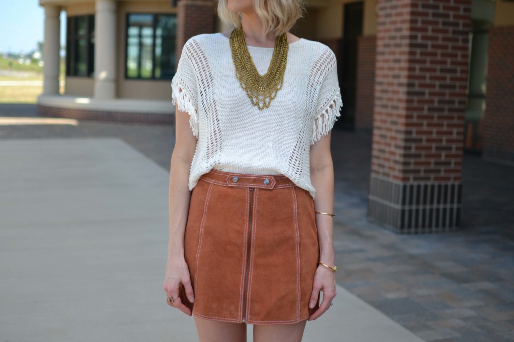 fringe top, bib necklace, suede skirt