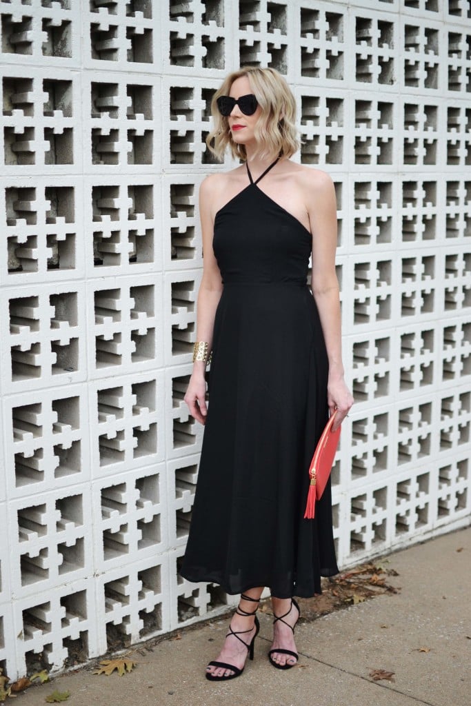 LuLu*s black dress, GiGi clutch, Steve Madden lac up heels, karen walker sunglasses