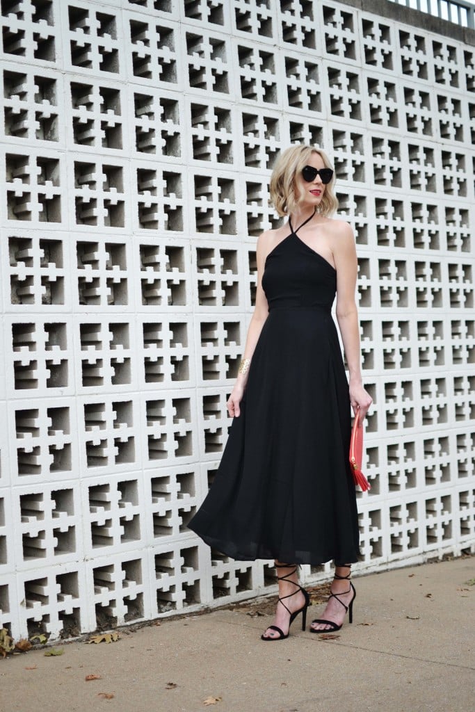 LuLu*s black dress, GiGi clutch, karen walker sunglasses, Steve Madden lac up heels