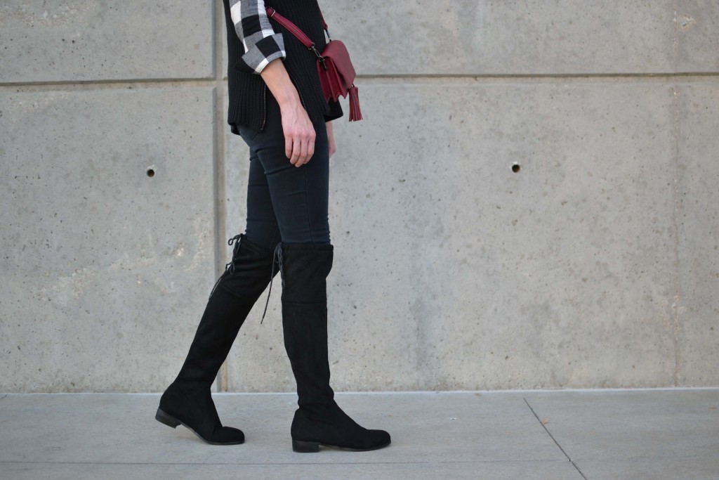 OTK boots, black jeans, plaid shirt, turtleneck sweater