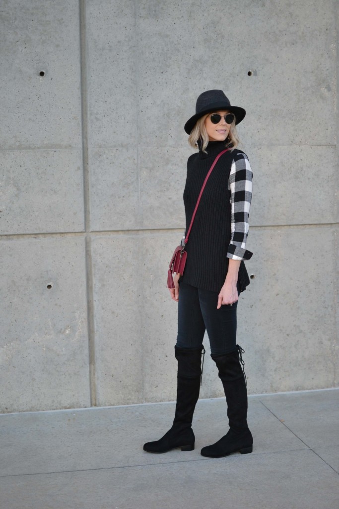 OTK boots, black jeans, plaid shirt, turtleneck sweater, hat