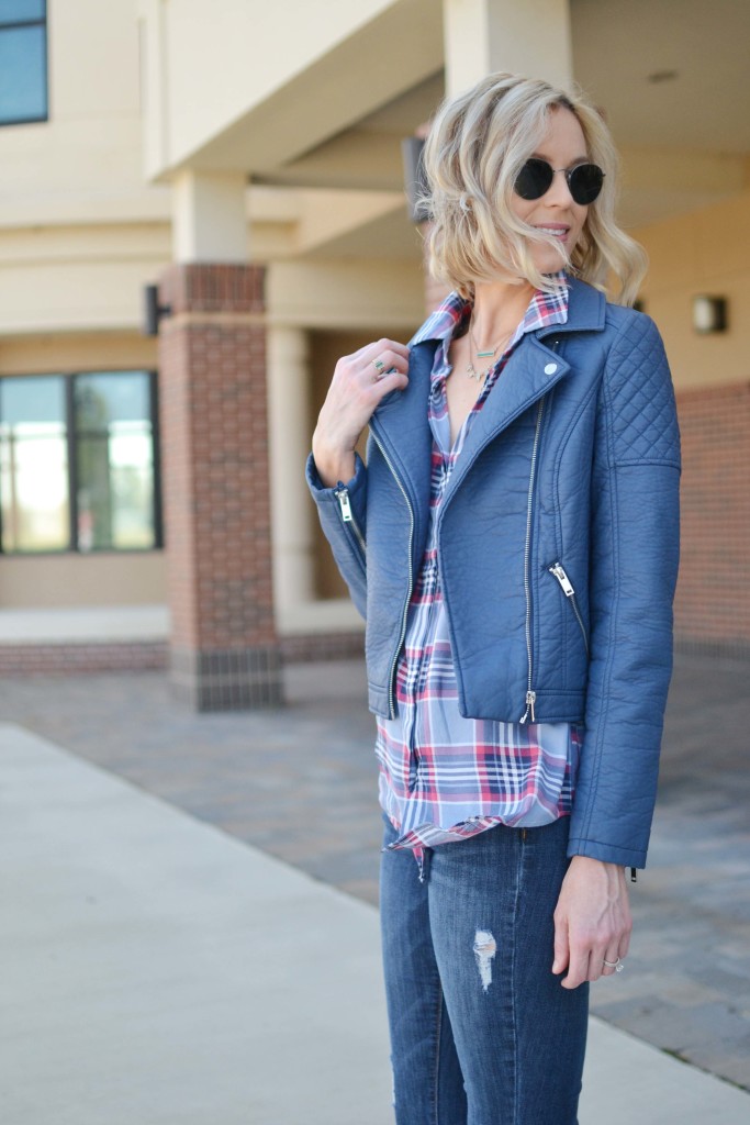 jeans, plaid shirt, leather jacket