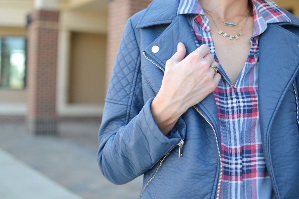 jeans, plaid shirt, leather jacket, chloe + isabel jewelry