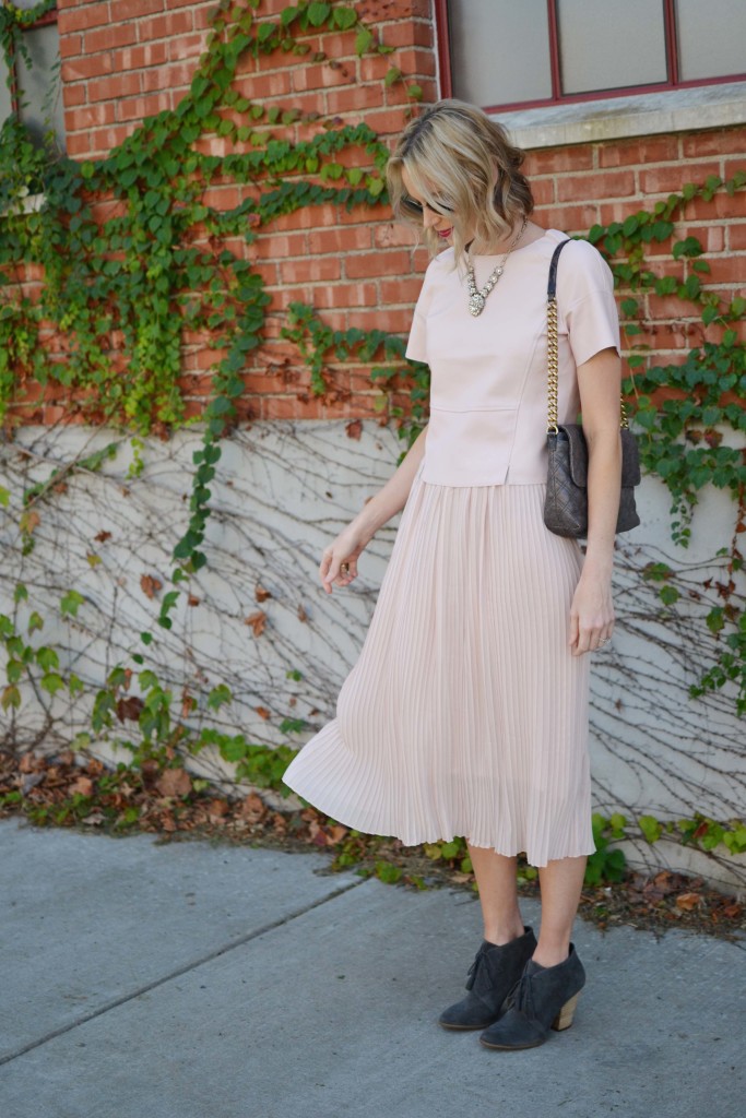 pink leather chicwish top, blush midi skirt, chloe + Isabel jewelry, grey booties