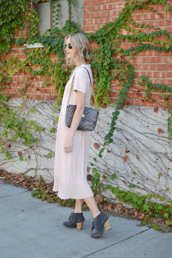 pink leather chicwish top, blush midi skirt, chloe + Isabel jewelry, grey booties, grey bag