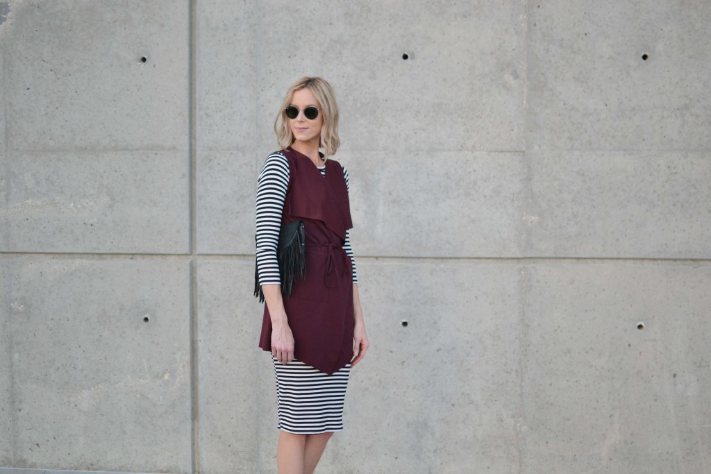 striped dress, burgundy vest