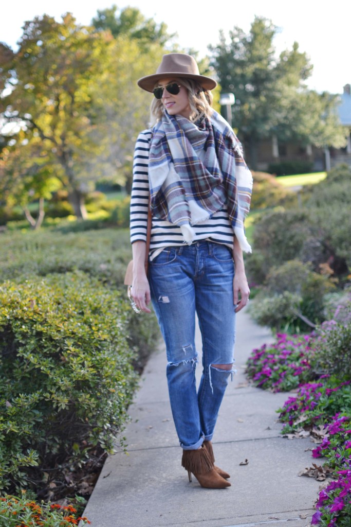 Striped top, plaid blanket scarf, tan hat, distressed jeans, chloe dupe bag, fringe boots