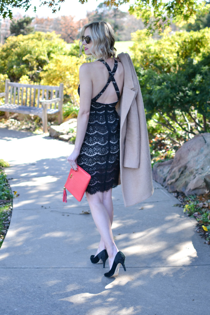 WAYF lace dress back detail, red GiGi clutch, tan coat, holiday look