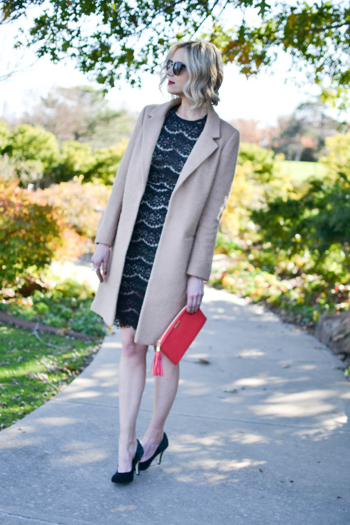 WAYF lace dress, red GiGi clutch, tan coat, red lip, holiday look