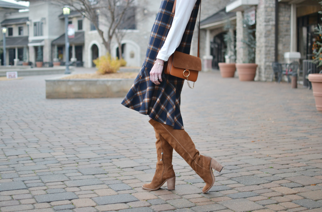 Chicwish plaid shift dress, white blouse, Dolce Vita over the knee boots, chloe dupe bag