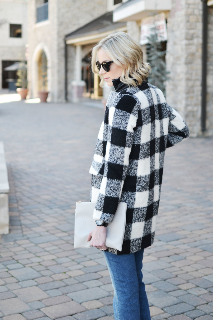 Goodnight Macaroon black and white plaid coat, Sole Society conversation clutch