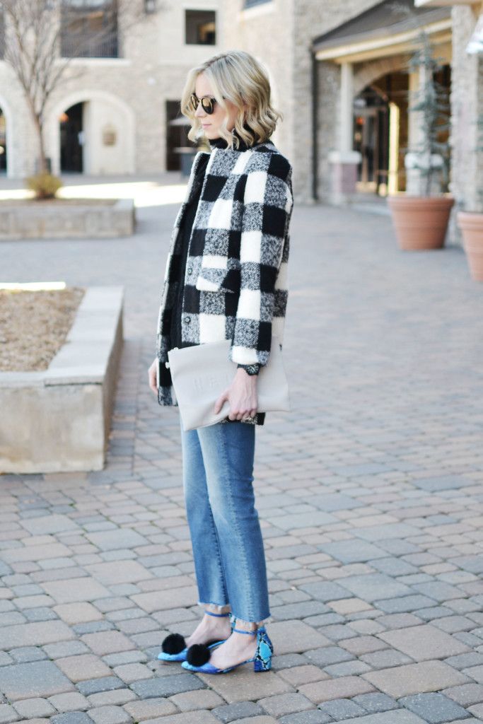 Goodnight Macaroon black and white plaid coat and black sweater, Mother cropped flare jeans, pom pom shoes