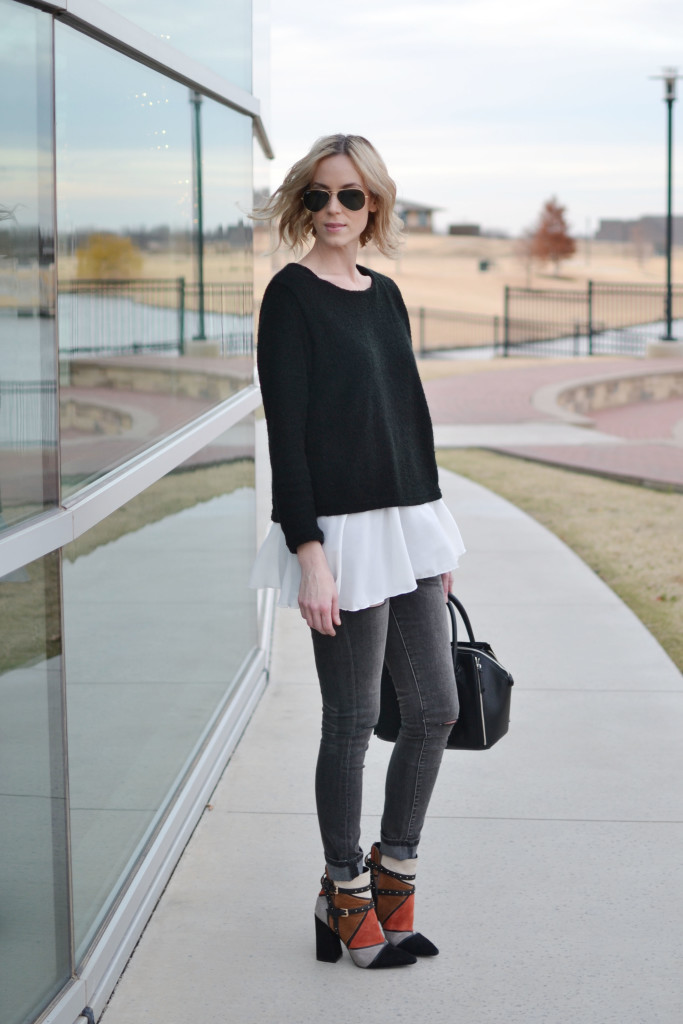 Goodnight Macaroon black and white top, Blank denim, patchwork boots, rebecca minkoff bag, ray-bans