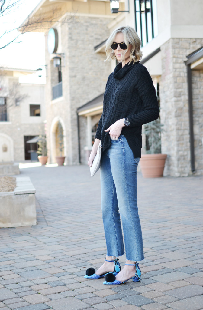 Goodnight Macaroon black sweater, Mother cropped flare jeans, pom pom shoes