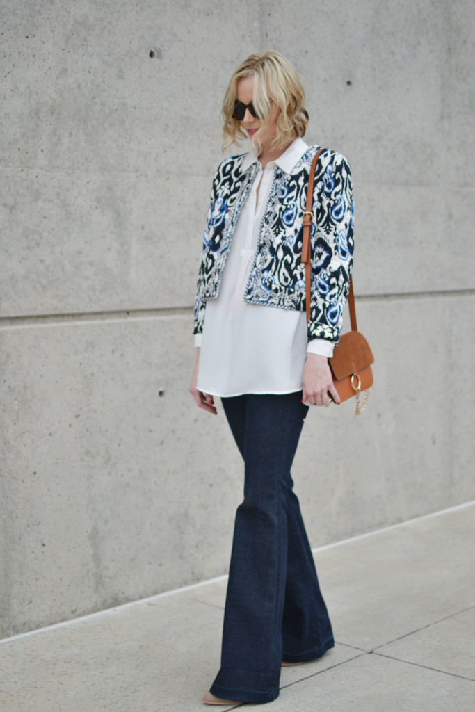 Goodnight Macaroon blue and white cropped jacket, white blouse, flares