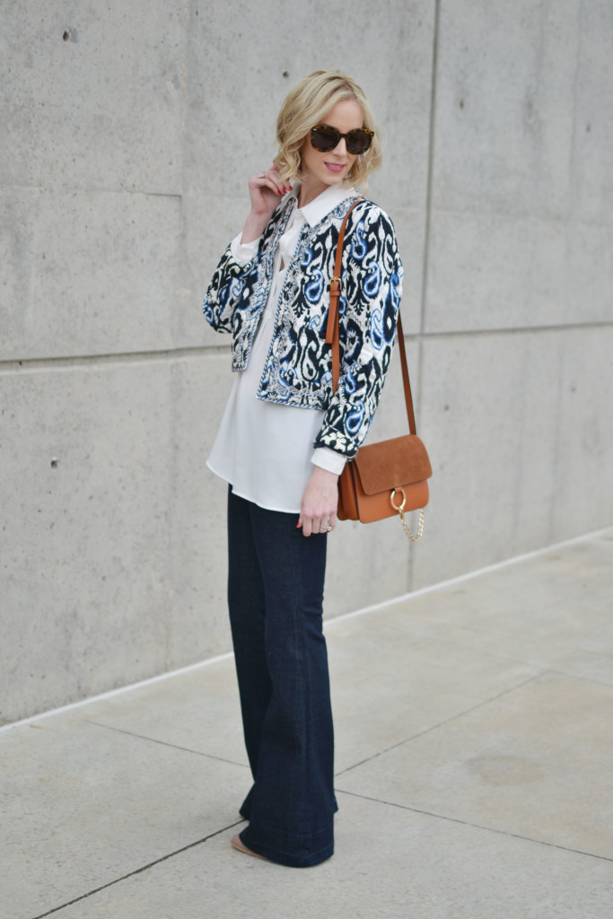 Goodnight Macaroon cropped jacket, white blouse, flare jeans