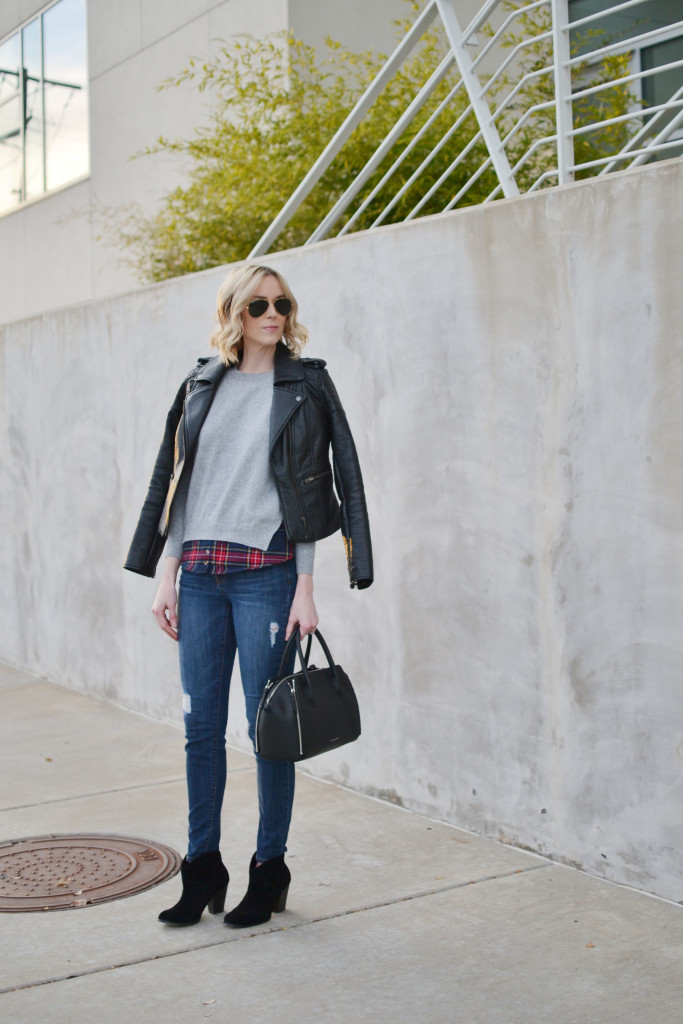 Goodnight Macaroon plaid layered sweater, distressed jeans, Sole Society black Alba boots, leather jacket