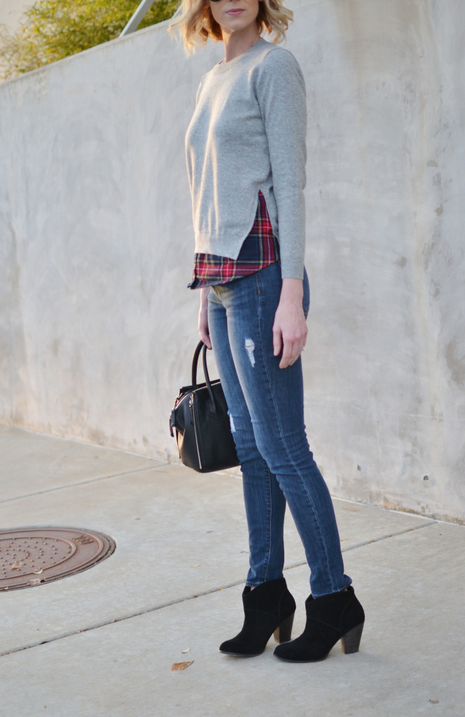 Goodnight Macaroon plaid layered sweater, distressed jeans, Sole Society boots, leather jacket, black bag