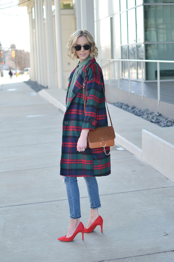 Isaac Mizrahi blouse and red heels, plaid coat, distressed jeans, chloe dupe bag