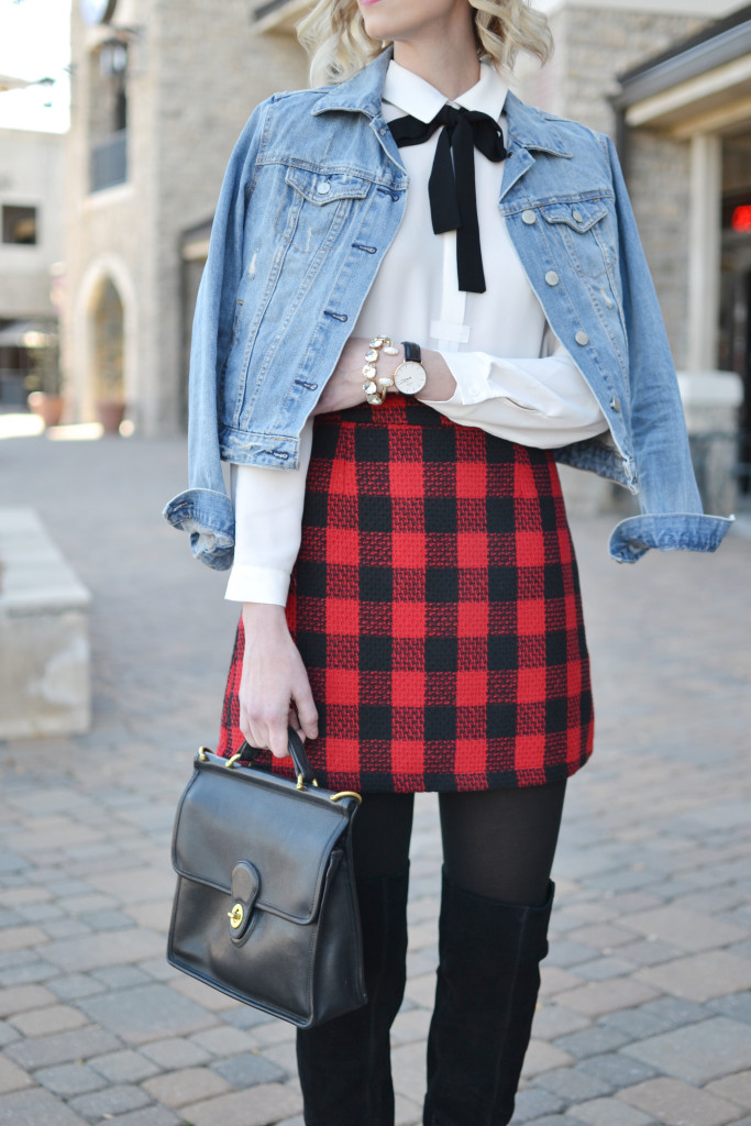 L'eggs tights, plaid skirt, OTK boots, bow blouse, jean jacket, holiday look