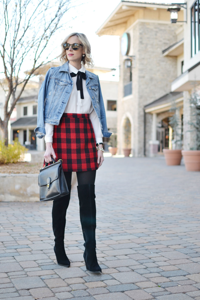 L'eggs tights, plaid skirt, bow blouse, jean jacket, OTK boots, holiday look