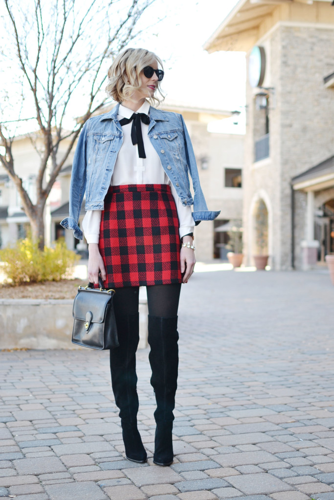 L'eggs tights, plaid skirt, bow blouse, jean jacket, holiday look