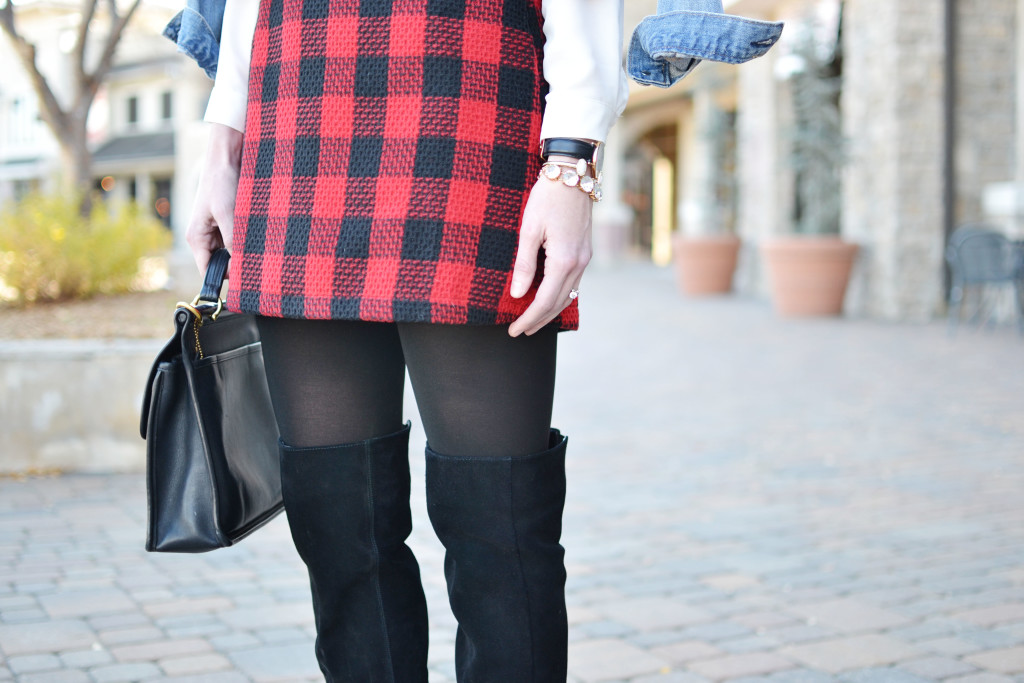 L'eggs tights, plaid skirt, white bow blouse, OTK boots, jean jacket, holiday look