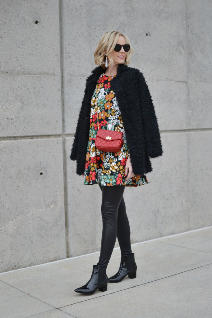 Oasap printed peplum dress and fuzzy coat, red bag, leather leggings, black patent booties