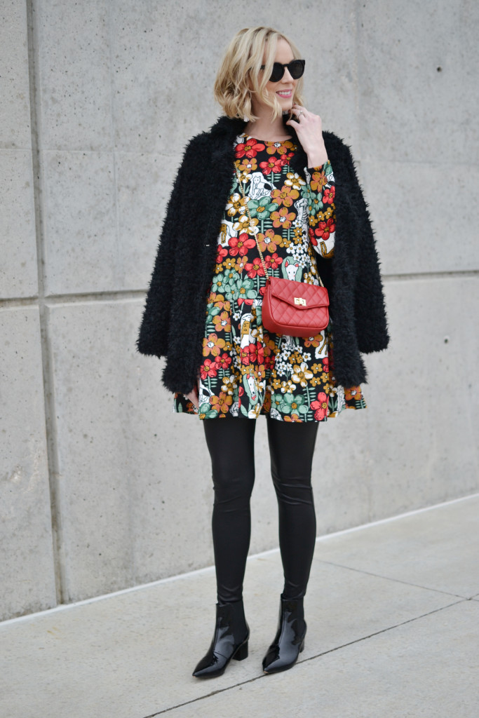 Oasap printed peplum dress and fuzzy coat, red bag, leather leggings, patent booties