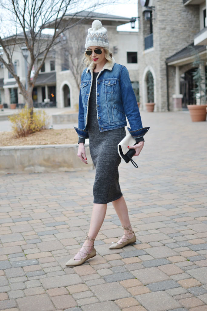 Old Navy beanie, dress, and shearling jean jacket, tan lace up flats